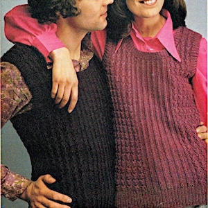 Tank top knitting pattern, Mens, Womens slipover, Sleeveless vest, ribbed top, Cable DK 32-40&quot;, 1970&#39;s vintage pattern, Instant download PDF