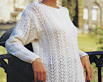 Womens sweater round neck lacy long sleeve summer knitting pattern PDF 30-42", 4 Ply 1980's knitting Instant download, Vintage pattern PDF
