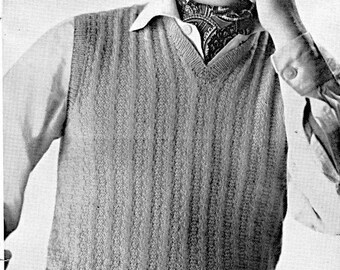 Modèle de tricot sans manches à col en V pour deux hommes PDF 36-42", modèle de tricot 3 plis Téléchargement instantané, modèle vintage des années 1950 PDF