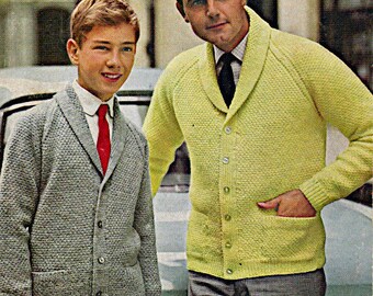 Father and Son button-up jackets with collar Double knitting pattern PDF 34-46",  knit pattern Instant download, 1960's Vintage pattern PDF