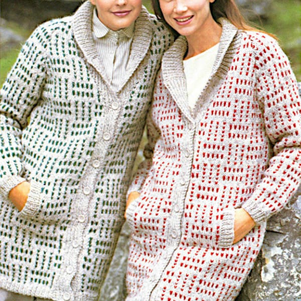 Lady's 3/4 length button up jacket with collar, winter wear, chunky knitting pattern PDF 32-40",  Instant download, Vintage pattern PDF