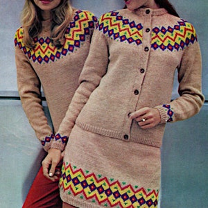 Women's fair Isle Three Piece double knitting pattern with graphs PDF 28-40" bust, 1970's fashion DK Instant download, Vintage pattern PDF