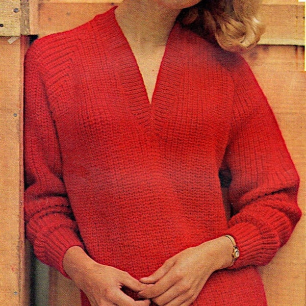 Womens v neck sweater knitting pattern, Long sleeve winter jumper, 3-Ply 4-Ply DK 32-42" chest,Instant digital download, Vintage pattern PDF