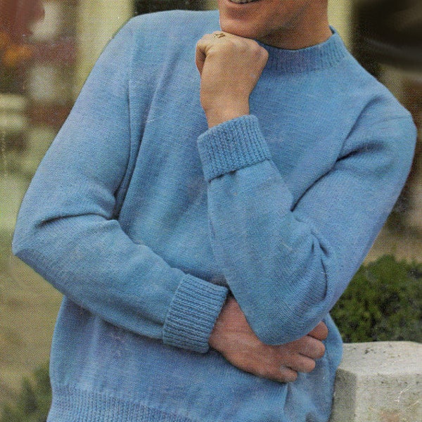 Men's Crew Neck Sweater long sleeve double,3 ply, 4 ply Knit knitting pattern PDF 38-46", Instant download, Man's 1960's Vintage pattern PDF