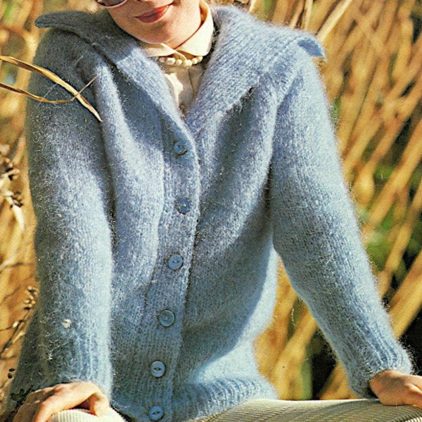 Womens knitting pattern, Mohair cardigan jacket with collar, button up, winter wear, 32-42 inch chest, Instant download Vintage pattern PDF