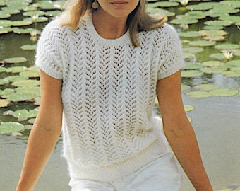 Short sleeve round neck lacy top for women summer Double Knit knitting pattern PDF 32-38", Instant download, DK knitting pattern PDF