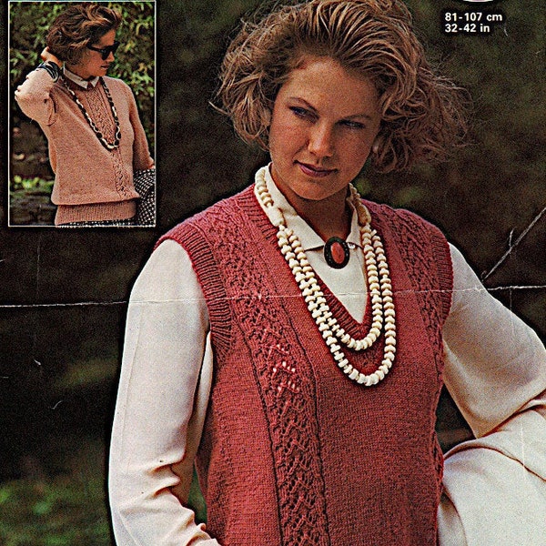 Ladies slipover and sweater with lace/cable panel knits as 4 ply knitting pattern, PDF 32-42" Instant download, 1980's digital PDF