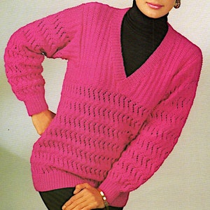 Ladies sweater V neck lacy long sleeve long length knitting pattern PDF 32-40&quot;, 1980&#39;s womens knitting Instant download, Vintage pattern PDF