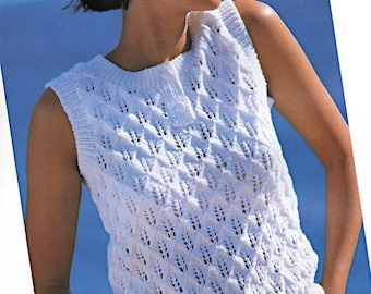 Women's summer round neck lacy sleeveless top, Double Knit knitting pattern PDF 32-42", Vintage Instant download D.K. knitting pattern PDF