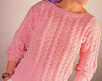 Ladies long sleeve lace and cable sweater PDF 30-40", 1980's fashion 4 ply knitting pattern, Instant download, Vintage pattern PDF