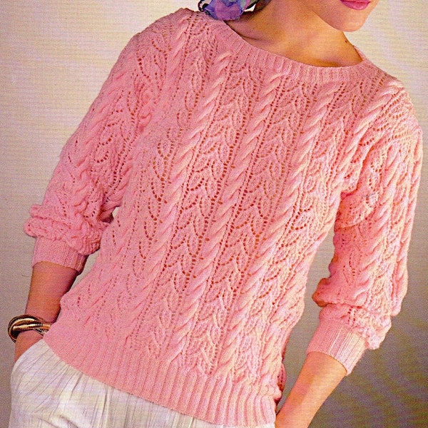 Ladies long sleeve lace and cable sweater PDF 30-40", 1980's fashion 4 ply knitting pattern, Instant download, Vintage pattern PDF