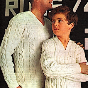 Father and son v neck long sleeve cricket sweater Double knitting pattern PDF 32-44", DK knit pattern Instant download, Vintage pattern PDF