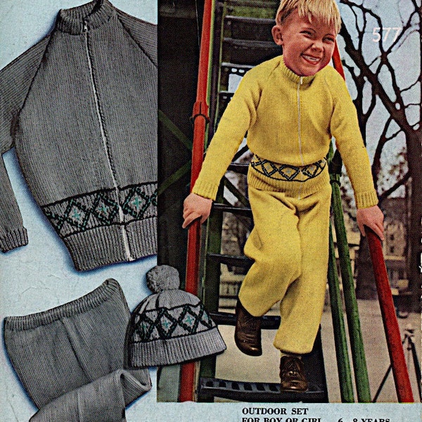 Childrens cardigan trousers hat knitting pattern, Boys girls long sleeve zip up jacket, 6-8 years, 1960s knit pattern, Instant download PDF