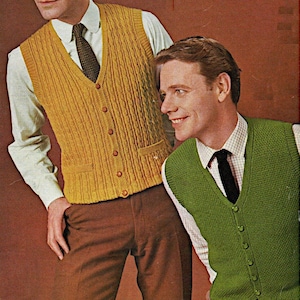 Waistcoats (ribbed or plain) for Men 4 ply knitting pattern PDF four sizes 38-42&quot;, knit pattern Instant download, 1960&#39;s Vintage pattern PDF