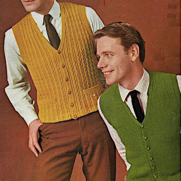 Waistcoats (ribbed or plain) for Men 4 ply knitting pattern PDF four sizes 38-42", knit pattern Instant download, 1960's Vintage pattern PDF