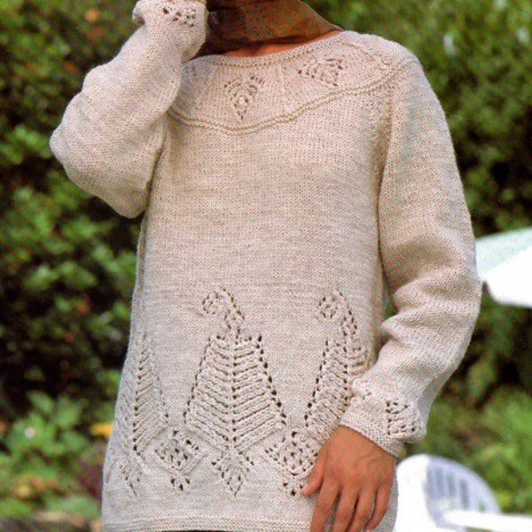 Womens aran tunic sweater long sleeve round neck top knitting pattern 30-44", 1980's Double knitting Instant download vintage pattern PDF