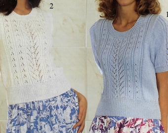 Ladies summer top round neck short sleeve sleeveless lacy sweater knitting pattern PDF 28-42", Double knitting Instant download, pattern PDF