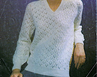 Womens jumper knitting pattern, Ladies long sleeve lacy v neck sweater 32-42", 1980's Double knitting, Instant download PDF Vintage pattern