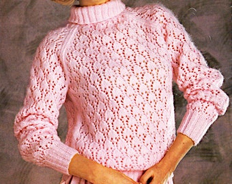 Ladies polo neck long sleeve lacy sweater top knitting pattern PDF 30-40", 1980's Double knitting Instant download pattern PDF