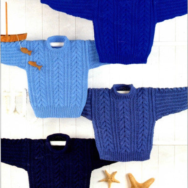 Boy's aran round neck cable knit sweater jumper knitting pattern PDF 22-32", Children's knit pattern Instant download, Vintage pattern PDF