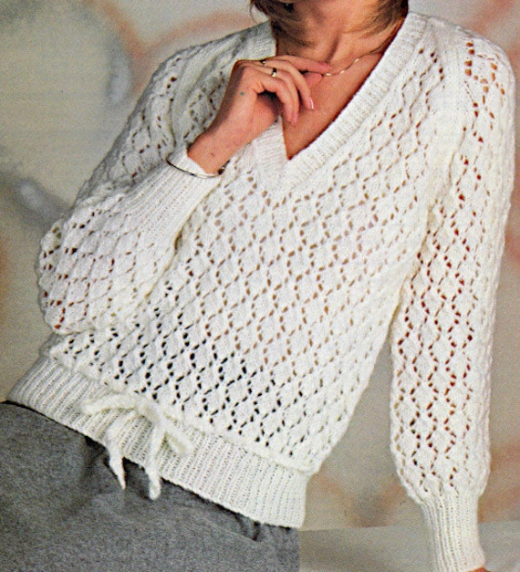 Damen V-Ausschnitt Lacy Raglan Ärmel Pullover Top Strickmuster PDF