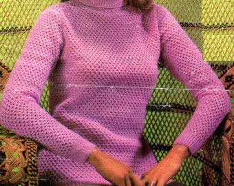 Women's polo neck sweater crochet and knit long sleeves knitting pattern PDF 32-40", 1970's pattern Instant download, Vintage pattern PDF