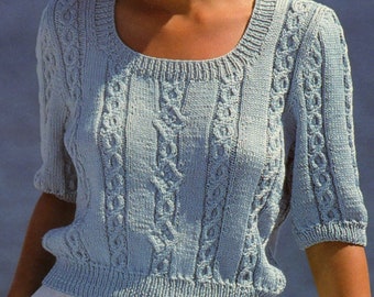 Ladies square neck elbow length sleeve sweater top summer knitting pattern PDF 32-40", Double knitting Instant download knit pattern PDF