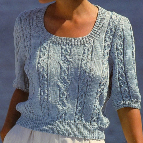 Patrón de tejido de jersey de verano para mujer, cuello cuadrado, mangas hasta el codo, PDF, 32-40", doble tejido, descarga instantánea del patrón de tejido PDF