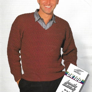Men's V neck long sleeve patterned sweater knitting pattern PDF 36-44", DK men's knit pattern Instant download, 1980's Vintage pattern PDF