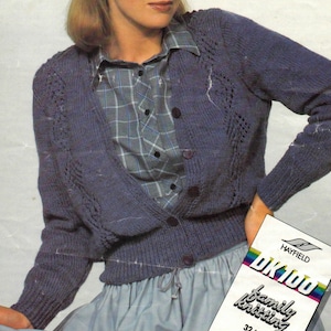 V neck button up short length lacy detail cardigan for women knitting pattern PDF 32-42&quot;, 1980&#39;s Double knitting vintage pattern PDF