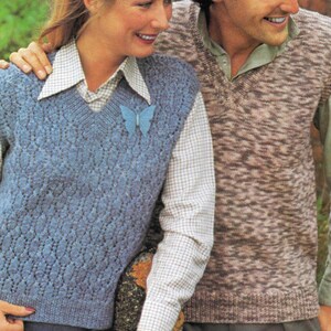 Unisex mens and womens V neck slipover tank top sweater knitting pattern PDF 32-44&quot;, DK pattern Instant download, 1980&#39;s Vintage pattern PDF