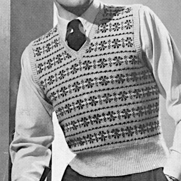 Men's v neck sleeveless pullover knitting pattern PDF  3-Ply knitting pattern Instant download, 1950's Vintage pattern PDF