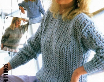 Womens round neck lacy short length sweater top knitting pattern PDF 30-40", 1980's Double knitting Instant download, Vintage pattern PDF