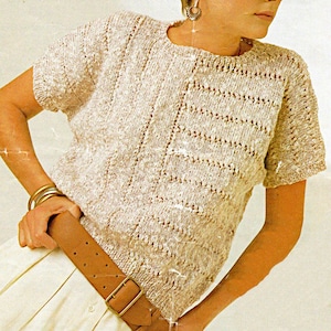 Lady&#39;s short sleeve round neck linen touch summer top, DK  pattern PDF 30-40&quot;, Vintage Instant download Double knit knitting pattern PDF