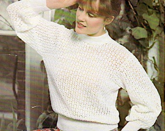 Women's crew neck long sleeve  lacy sweater top knitting pattern PDF 32-40", 1980's 4-Ply knitting Instant download, Vintage pattern PDF