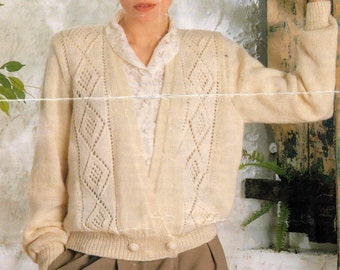 Womens V neck button up lacy cardigan sweater top knitting pattern PDF 30-40", 1980s knitting pattern Instant download, Vintage pattern PDF