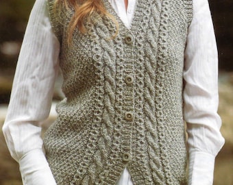 Womens knitted button up Aran V neck waistcoat knitting pattern PDF 32-42", Ladies Aran knitting pattern Instant download, retro pattern PDF