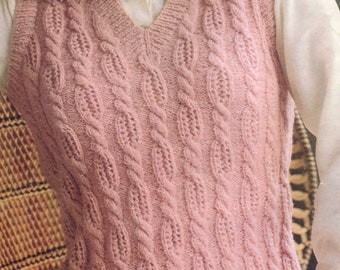 Womens sleeveless v neck cable knit slipover tank top DK pattern PDF 32-38&quot;, 1980s  vintage knit pattern Instant download, retro pattern PDF