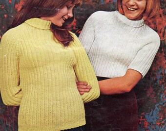 Vintage mujer Polo cuello, manga corta larga, patrón de tejido suéter PDF 32-36" 1960's DK patrón de punto descarga instantánea digital