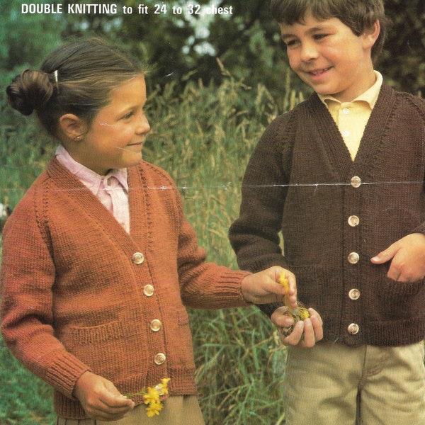 Boy's and girl's V neck cardigan with pockets for children double knit knitting pattern PDF 24-32", Child's Vintage pattern Instant download