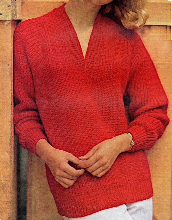 Women's V Neck Sweater Knttng Pattern, Long Sleeve, Raglan Sleeve