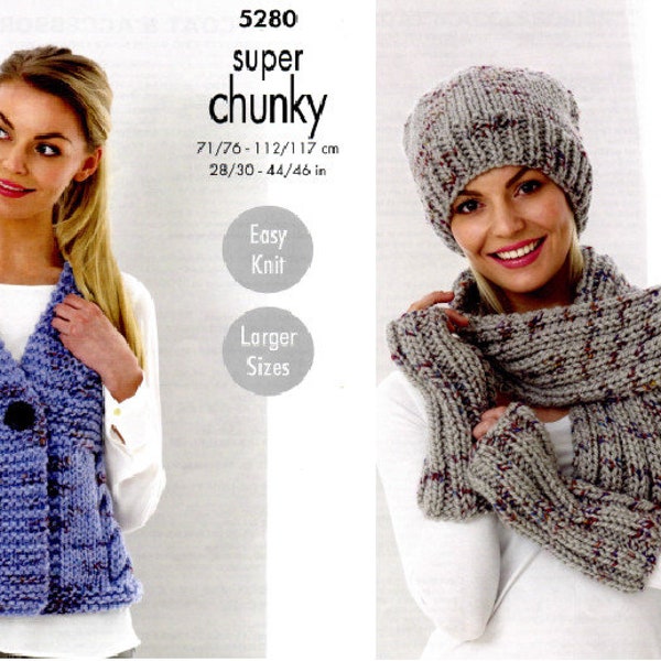 Ladies waistcoat hat scarf gloves winter wear super chunky easy knit knitting pattern, 28"-46", Instant download, vintage knit pattern PDF