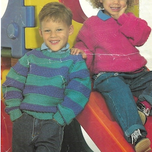 Childrens sweater knitting pattern, Chunky knit unisex round neck jumper, boys and girls 20-34&quot; 1990&#39;s vintage pattern PDF Instant download
