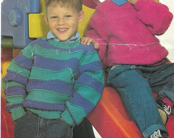 Childrens sweater knitting pattern, Chunky knit unisex round neck jumper, boys and girls 20-34" 1990's vintage pattern PDF Instant download