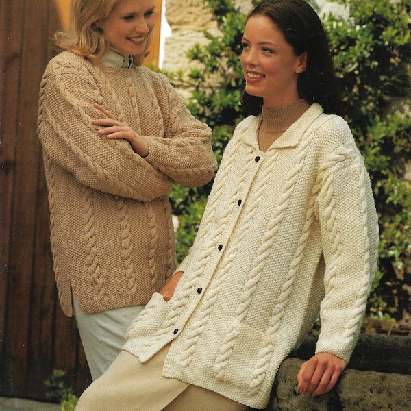 Lady's Aran tunic and cardigan jacket with collar knitting pattern for women PDF 32-46", knit pattern Instant download, Vintage pattern PDF