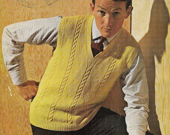 Pull à col en V pour hommes débardeur pull modèle de tricot PDF 38-44", modèle de tricot pour hommes 4 plis Téléchargement instantané, modèle vintage des années 1960 PDF