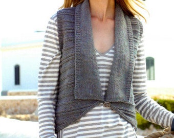 Women's Aran waistcoat V neck with collar one button winter wear top knitting pattern PDF 32-54", Instant download, Vintage pattern PDF