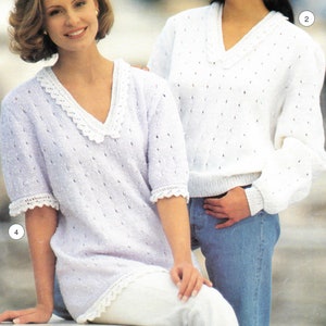 Womens short long sleeve lacy trim V neck sweater summer knitting pattern PDF 28-42&quot;, 1980s Double knitting Instant download, pattern PDF