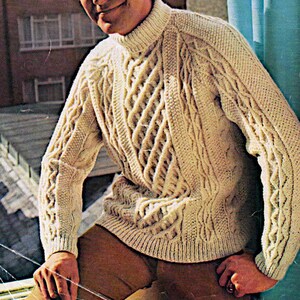 Men&#39;s Aran polo neck long sleeve sweater knitting pattern PDF 36-46&quot;, 1960&#39;s fashion knitting pattern Instant download, Vintage pattern PDF