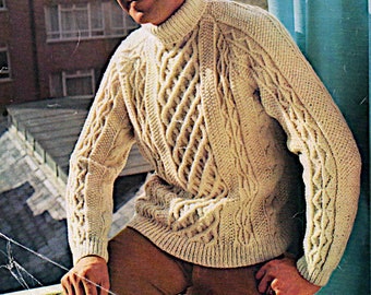 Herren Aran Rollkragen Langarm Pullover Strickmuster PDF 36-46", 1960er Mode Strickmuster Sofortiger Download, Vintage Anleitung PDF